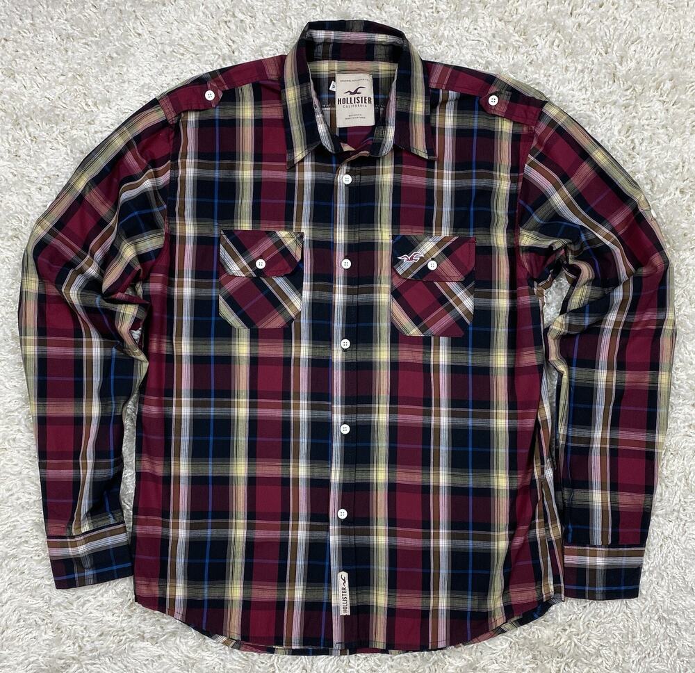 Hollister Men's Plaid Long Sleeve Button Up Shirt Dual Chest Pockets Y2K